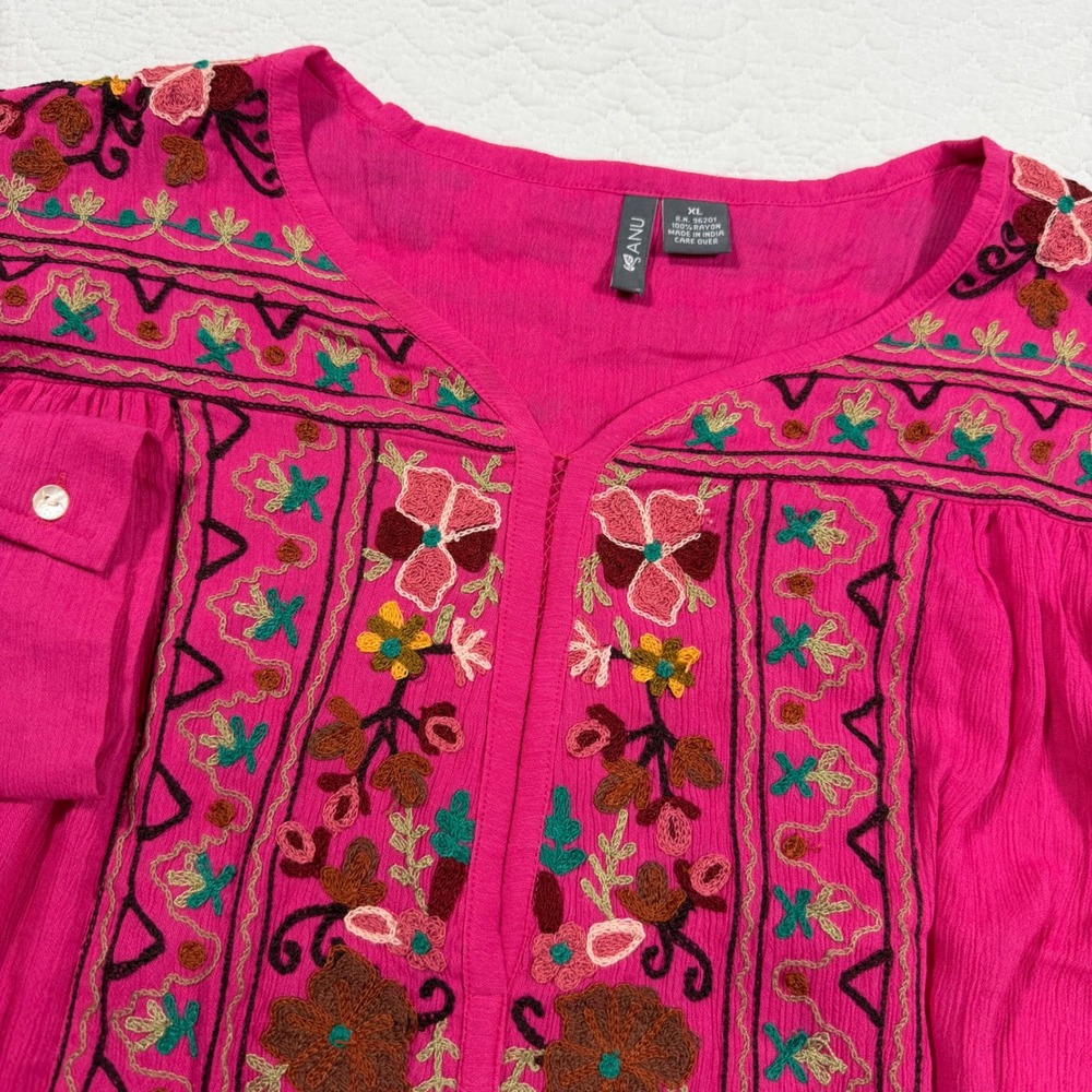 Anu Embroidered Boho Women Peasant‎ Top XL Rayon Floral Pink Ethnic Indie Artsy